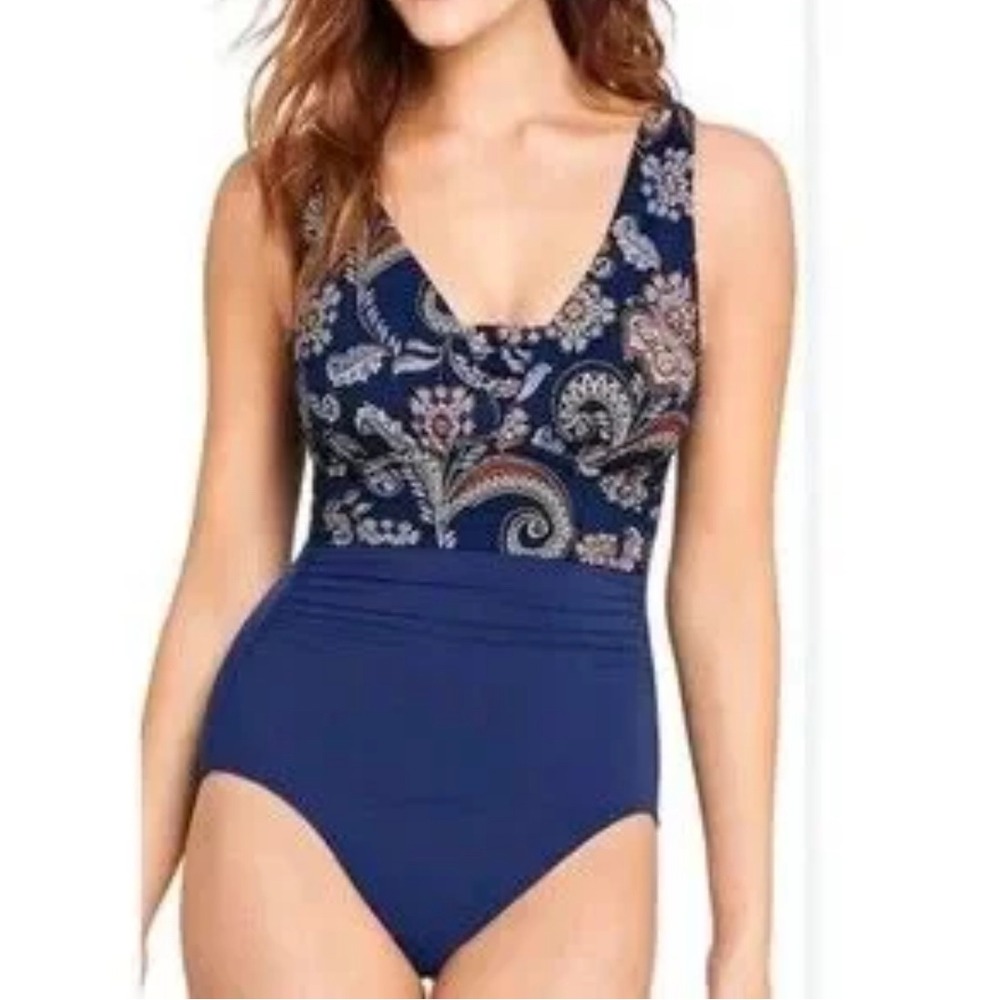 Lands End Womens Paisley Navy Blue Ruched One Piece Swimsuit V-Neck Padded Cup